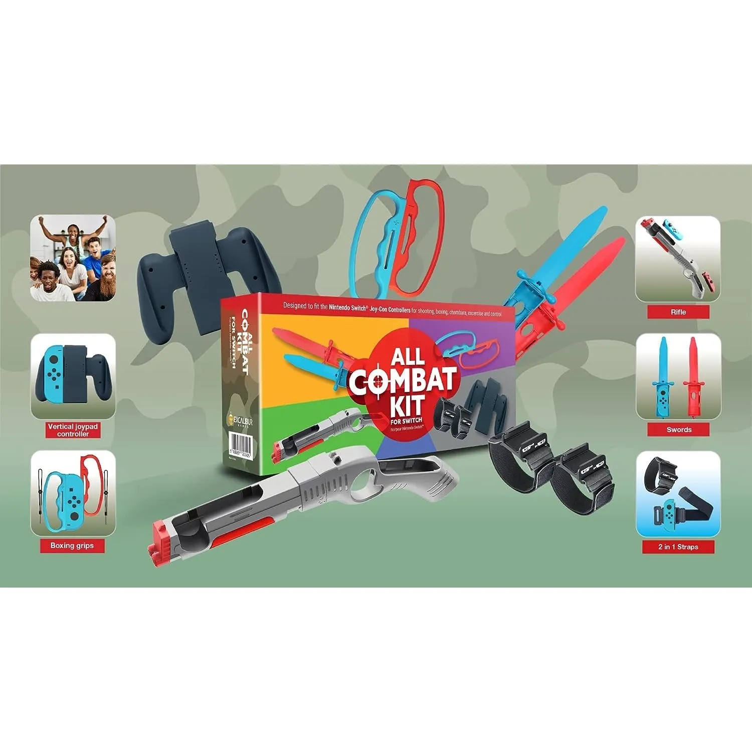 All Combat 8 in 1 Kit for Switch - Boxing Grips, Vertical Joypad, Leg/Arm Straps, Swords & Rifle (Nintendo Switch)