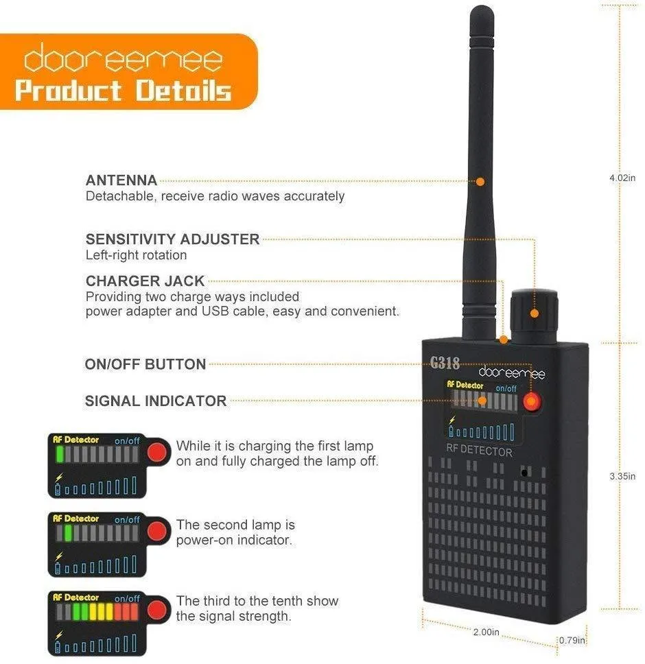 【Newest Version】 Dooreemee Anti Spy RF Signal Detector Bug Detector GPS Tracker Wireless Camera Amplification Ultra-high Sensitivity GSM Device Finder Handheld